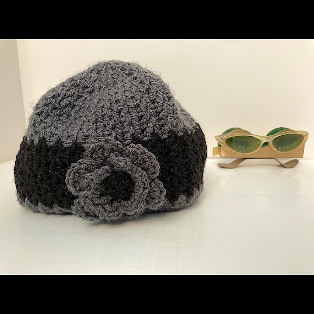 Hand Knit Dark Grey and Black Hat with Flower